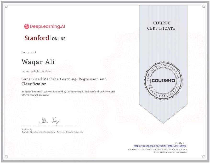 Supervised Machine Learning certificate